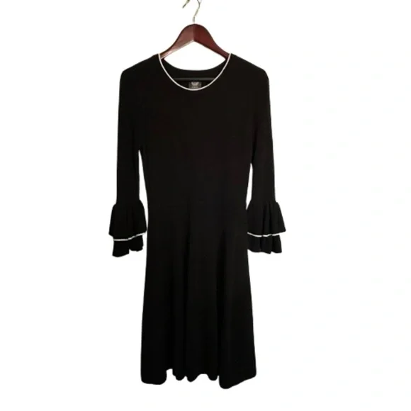 Vince Camuto Women S Black & White Sleeved Ruffled Fit & Flare Midi Knit Dress - Picture 7 of 13